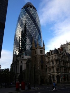 The Gherkin behind some charming old buildings. Love the juxtaposition.