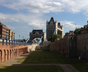 Walking past the Tower of London toward the Tower Bridge