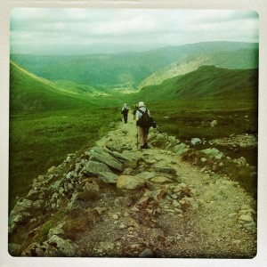 Hiking down from Grey Knotts on a rock strewn descent