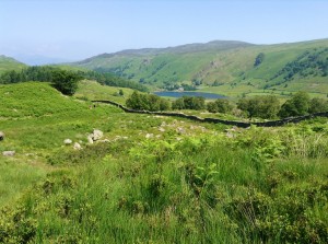 Pond/ lake in valley below with buildings