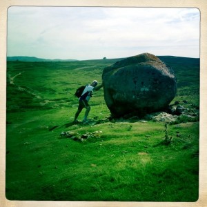 Tony  and the boulder. He stopped it as it was rolling wildly downhill.